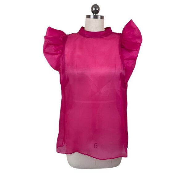 Boston Proper Blouse Womens Medium Pink Fuchsia Organza Ruffle Sleeve Glam Party - Picture 1 of 8